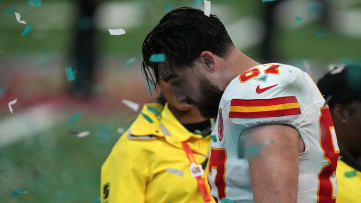 Feb 9, 2025; New Orleans, LA, USA; Kansas City Chiefs tight end Travis Kelce (87) reacts after the losing to the Philadelphia Eagles in Super Bowl LIX at Caesars Superdome. Mandatory Credit: Kirby Lee-Imagn Images