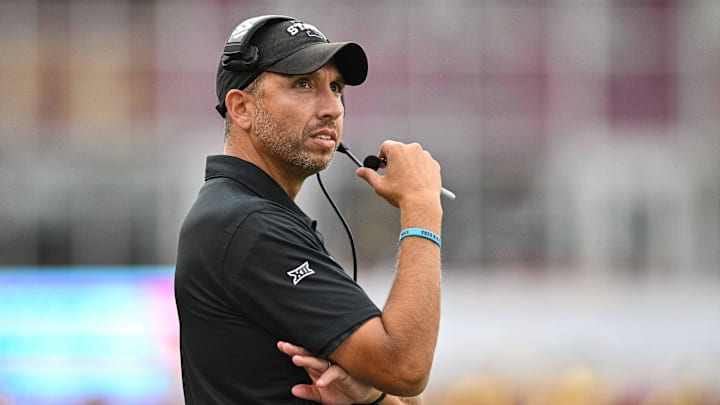 Sep 9, 2023; Ames, Iowa, USA; Iowa State Cyclones head coach Matt Campbell looks on during the game against the Iowa Hawkeyes at Jack Trice Stadium. Mandatory Credit: Jeffrey Becker-Imagn Images