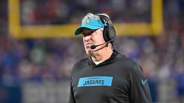 Sep 23, 2024; Orchard Park, New York, USA; Jacksonville Jaguars head coach Doug Pederson on the sidelines in the third quarter against the Buffalo Bills at Highmark Stadium. Mandatory Credit: Mark Konezny-Imagn Images