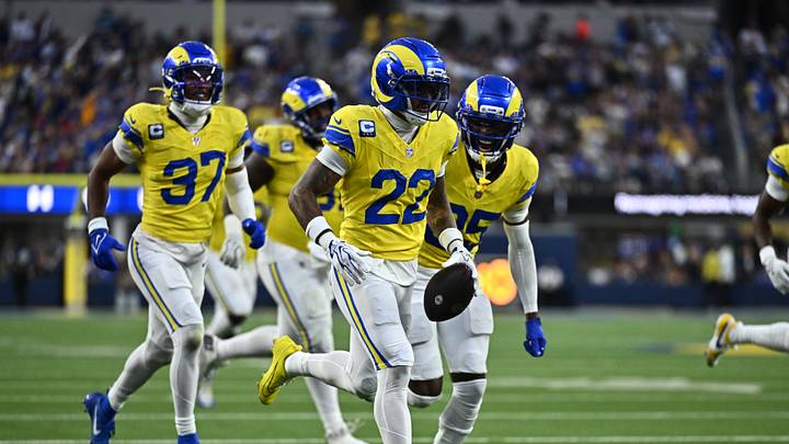 Sep 21, 2026; Inglewood, California, USA; Los Angeles Rams cornerback Trent McDuffie (22) celebrates with teammates after an interception during the second quarter against the New York Giants at SoFi Stadium. Mandatory Credit: William Liang-Imagn Images Sep 21, 2026; Inglewood, California, USA; Los Angeles Rams cornerback Trent McDuffie (22) celebrates with teammates after an interception during the second quarter against the New York Giants at SoFi Stadium. Mandatory Credit: William Liang-Imagn Images