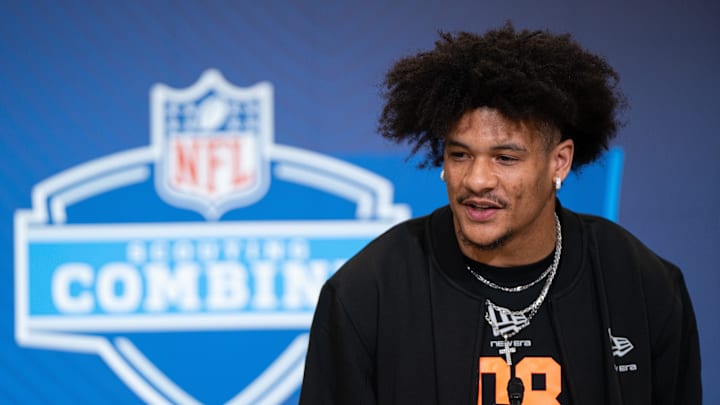Feb 27, 2026; Indianapolis, IN, USA; Washington wideout Denzel Boston (WO08) speaks to members of the media during the NFL Combine at the Indiana Convention Center. Mandatory Credit: Jacob Musselman-Imagn Images Feb 27, 2026; Indianapolis, IN, USA; Washington wideout Denzel Boston (WO08) speaks to members of the media during the NFL Combine at the Indiana Convention Center. Mandatory Credit: Jacob Musselman-Imagn Images
