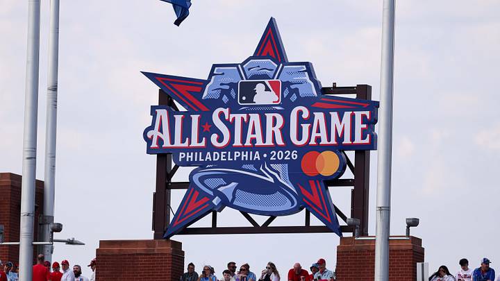 Mar 26, 2026; Philadelphia, Pennsylvania, USA; Fans stand under a 2026 All Star Game sign during a game between the Philadelphia Phillies and the Texas Rangers at Citizens Bank Park. Mandatory Credit: Bill Streicher-Imagn Images