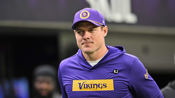 Minnesota Vikings head coach Kevin O'Connell walks onto the field before the game against the Green Bay Packers at U.S. Bank Stadium in Minneapolis on Dec. 29, 2024.