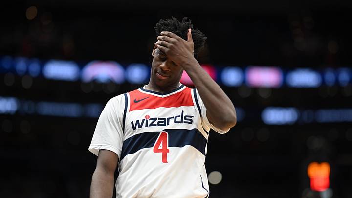 Oct 10, 2026; Washington, District of Columbia, USA; Washington Wizards forward AJ Dybantsa (4) reacts after a play against the Detroit Pistons during the third quarter at Capital One Arena. Mandatory Credit: Rafael Suanes-Imagn Images Oct 10, 2026; Washington, District of Columbia, USA; Washington Wizards forward AJ Dybantsa (4) reacts after a play against the Detroit Pistons during the third quarter at Capital One Arena. Mandatory Credit: Rafael Suanes-Imagn Images
