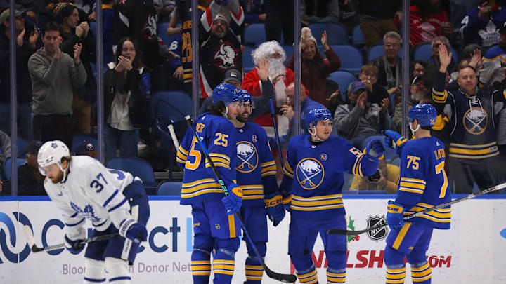 Dec 21, 2023; Buffalo, New York, USA;  Buffalo Sabres left wing Jeff Skinner (53) celebrates his goal against the Toronto Maple Leafs.