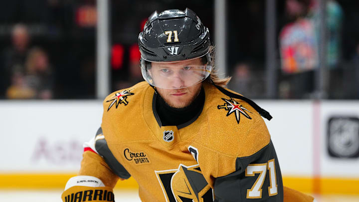 May 8, 2025; Las Vegas, Nevada, USA;Vegas Golden Knights center William Karlsson (71) warms up before game two of the second round of the 2025 Stanley Cup Playoffs against the Edmonton Oilers at T-Mobile Arena. Mandatory Credit: Stephen R. Sylvanie-Imagn Images May 8, 2025; Las Vegas, Nevada, USA;Vegas Golden Knights center William Karlsson (71) warms up before game two of the second round of the 2025 Stanley Cup Playoffs against the Edmonton Oilers at T-Mobile Arena. Mandatory Credit: Stephen R. Sylvanie-Imagn Images