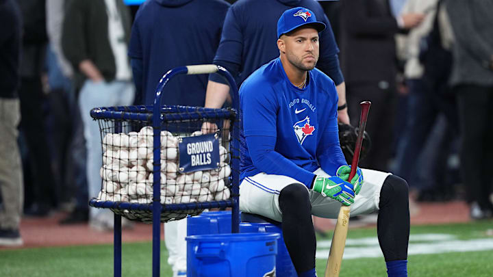 Mar 27, 2026; Toronto, Ontario, CAN; Toronto Blue Jays right fielder George Springer (4) sits during batting practice before a game against the Athletics at Rogers Centre. Mandatory Credit: Nick Turchiaro-Imagn Images