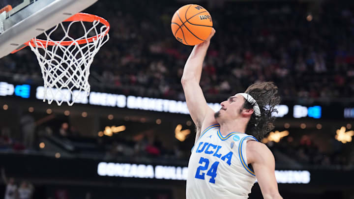 Mar 23, 2023; Las Vegas, NV, USA; UCLA Bruins guard Jaime Jaquez Jr. (24) dunks against the Gonzaga Bulldogs during the first half at T-Mobile Arena. Mandatory Credit: Joe Camporeale-Imagn Images