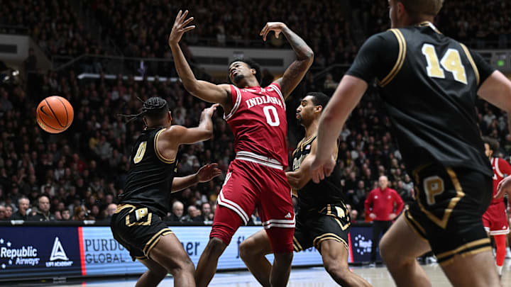 Feb 20, 2026; West Lafayette, Indiana, USA; Indiana Hoosiers guard Jasai Miles (0) loses control against the Purdue Boilermakers during the first half at Mackey Arena. Feb 20, 2026; West Lafayette, Indiana, USA; Indiana Hoosiers guard Jasai Miles (0) loses control against the Purdue Boilermakers during the first half at Mackey Arena.