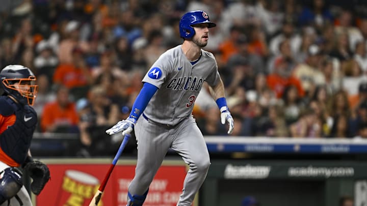 Jun 27, 2025; Houston, Texas, USA; Chicago Cubs outfielder Kyle Tucker (30) bats in the sixth inning against the Houston Astros at Daikin Park. 