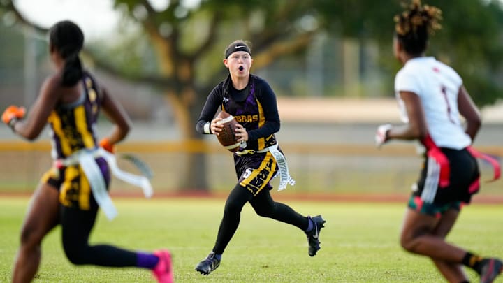 Fort Pierce Central s Adrienne Rivera (5) drops back to pass against Vero Beach in the District 10-2A girls high school flag football championship game on Thursday, April. 20, 2023, at Lawnwood Stadium in Fort Pierce. Fort Pierce Central won 18-0.
Tcn Flag Football District 10 2A Championship Fort Pierce Central s Adrienne Rivera (5) drops back to pass against Vero Beach in the District 10-2A girls high school flag football championship game on Thursday, April. 20, 2023, at Lawnwood Stadium in Fort Pierce. Fort Pierce Central won 18-0.
Tcn Flag Football District 10 2A Championship