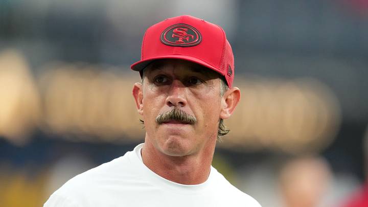 Inglewood, California, USA; San Francisco 49ers head coach Kyle Shanahan watches during the game against the Los Angeles Chargers at SoFi Stadium. Mandatory Credit: Kirby Lee-Imagn Images