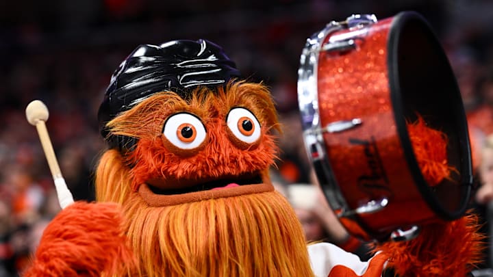 Feb 22, 2025; Philadelphia, Pennsylvania, USA; Philadelphia Flyers mascot Gritty entertains fans during the game against the Edmonton Oilers at Wells Fargo Center. Mandatory Credit: Kyle Ross-Imagn Images
