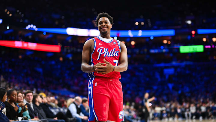 Dec 20, 2024; Philadelphia, Pennsylvania, USA; Philadelphia 76ers guard Kyle Lowry (7) reacts against the Charlotte Hornets in the fourth quarter at Wells Fargo Center. Mandatory Credit: Kyle Ross-Imagn Images