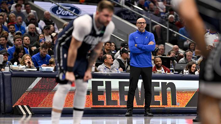 Dec 23, 2024; Dallas, Texas, USA; Dallas Mavericks head coach Jason Kidd looks on as guard Luka Doncic (77) waits for a Portland Trail Blazers foul shot during the second quarter at the American Airlines Center. Mandatory Credit: Jerome Miron-Imagn Images Dec 23, 2024; Dallas, Texas, USA; Dallas Mavericks head coach Jason Kidd looks on as guard Luka Doncic (77) waits for a Portland Trail Blazers foul shot during the second quarter at the American Airlines Center. Mandatory Credit: Jerome Miron-Imagn Images