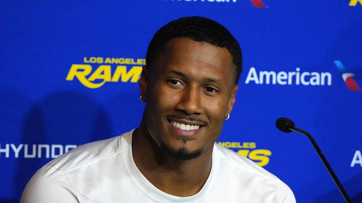 Sep 10, 2026; Melbourne, Victoria, Australia; Los Angeles Rams safety Quentin Lake during press conference at Marvel Stadium. Mandatory Credit: Kirby Lee-Imagn Images Sep 10, 2026; Melbourne, Victoria, Australia; Los Angeles Rams safety Quentin Lake during press conference at Marvel Stadium. Mandatory Credit: Kirby Lee-Imagn Images
