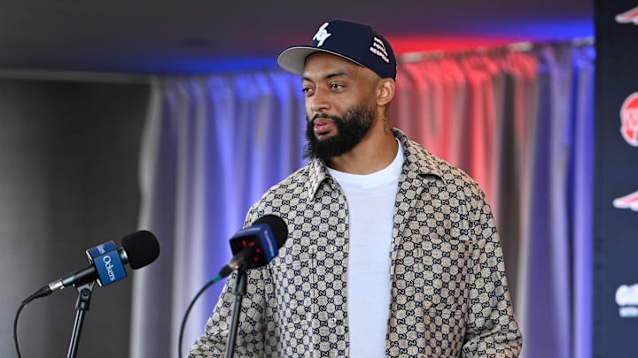 Mar 13, 2025; Foxborough, MA, USA; New England Patriots cornerback Carlton Davis III discusses his recent free agent addition to the Patriots with the media at Gillette Stadium. Mandatory Credit: Eric Canha-Imagn Images