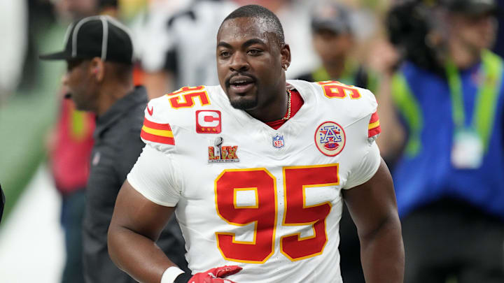Feb 9, 2025; New Orleans, LA, USA; Kansas City Chiefs defensive tackle Chris Jones (95) takes the field before Super Bowl LIX against the Philadelphia Eagles at Caesars Superdome. Mandatory Credit: Kirby Lee-Imagn Images