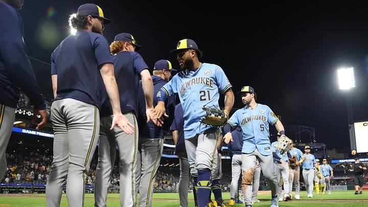 Sep 15, 2026; Pittsburgh, Pennsylvania, USA; Milwaukee Brewers left fielder Jackson Chourio (middle) and center fielder Garrett Mitchell (5)) celebrate with teammates after defeating the Pittsburgh Pirates at PNC Park. Mandatory Credit: Charles LeClaire-Imagn Images Sep 15, 2026; Pittsburgh, Pennsylvania, USA; Milwaukee Brewers left fielder Jackson Chourio (middle) and center fielder Garrett Mitchell (5)) celebrate with teammates after defeating the Pittsburgh Pirates at PNC Park. Mandatory Credit: Charles LeClaire-Imagn Images
