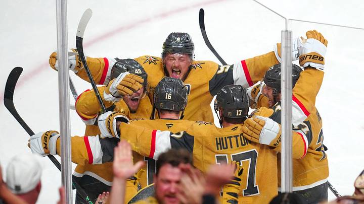 May 12, 2026; Las Vegas, Nevada, USA; Vegas Golden Knights center Jack Eichel (9) celebrates with team mates after   right wing Pavel Dorofeyev (16) scored a goal against the Anaheim Ducks during an overtime period to give the Golden Knights a 3-2 victory in game five of the second round of the 2026 Stanley Cup Playoffs at T-Mobile Arena. Mandatory Credit: Stephen R. Sylvanie-Imagn Images