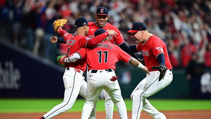 Oct 10, 2026; Cleveland, Ohio, USA;  The Cleveland Guardians celebrate the win against the Chicago White Sox in game five of the ALDS for the 2026 MLB Playoffs at Progressive Field.  Mandatory Credit: David Dermer-Imagn Images