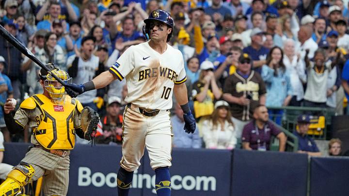 Oct 4, 2026; Milwaukee, Wisconsin, USA; Milwaukee Brewers outfielder Sal Frelick (10) walks at the bottom of the ninth inning against the San Diego Padres in game two of the NLDS for the 2026 MLB Playoffs at American Family Field. Mandatory Credit: Michael McLoone-Imagn Images Oct 4, 2026; Milwaukee, Wisconsin, USA; Milwaukee Brewers outfielder Sal Frelick (10) walks at the bottom of the ninth inning against the San Diego Padres in game two of the NLDS for the 2026 MLB Playoffs at American Family Field. Mandatory Credit: Michael McLoone-Imagn Images