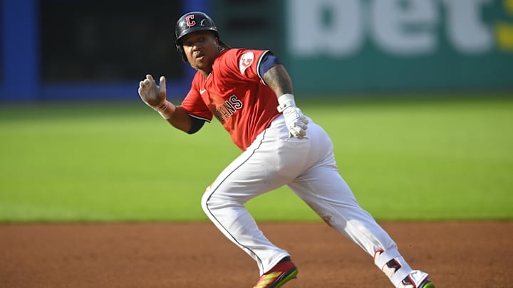 Cleveland, Ohio, USA; Cleveland Guardians third baseman Jose Ramirez (11) runs the bases in the first inning against the Toronto Blue Jays at Progressive Field.