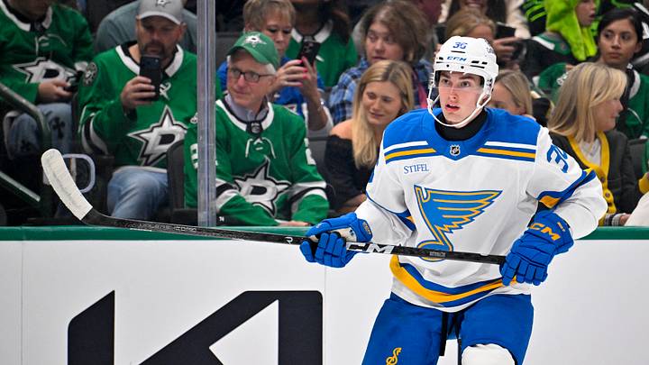 Oct 2, 2026; Dallas, Texas, USA; St. Louis Blues defenseman Adam Jiricek (36) skates against the Dallas Stars during the first period at the American Airlines Center. Mandatory Credit: Jerome Miron-Imagn Images Oct 2, 2026; Dallas, Texas, USA; St. Louis Blues defenseman Adam Jiricek (36) skates against the Dallas Stars during the first period at the American Airlines Center. Mandatory Credit: Jerome Miron-Imagn Images