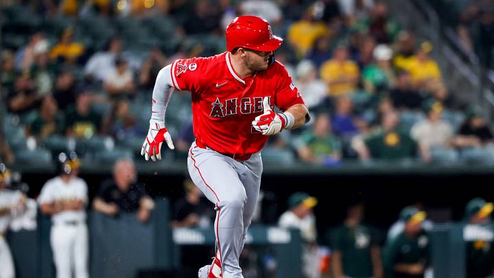 Sep 23, 2026; West Sacramento, California, USA; Los Angeles Angels designated hitter Mike Trout (27) hits a single during the seventh inning against the Athletics at Sutter Health Park. Mandatory Credit: Sergio Estrada-Imagn Images Sep 23, 2026; West Sacramento, California, USA; Los Angeles Angels designated hitter Mike Trout (27) hits a single during the seventh inning against the Athletics at Sutter Health Park. Mandatory Credit: Sergio Estrada-Imagn Images