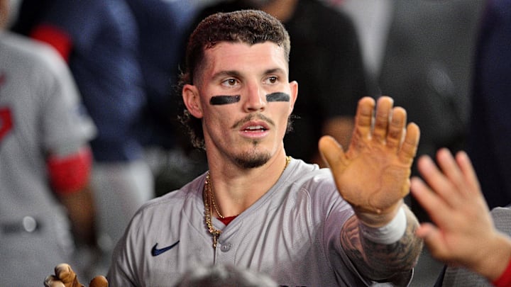 Sep 24, 2024; Toronto, Ontario, CAN; Boston Red Sox left fielder Jarren Duran (16) celebrates with teammates in the dugout after scoring a run against the Toronto Blue Jays in the tenth inning at Rogers Centre. Mandatory Credit: Dan Hamilton-Imagn Images