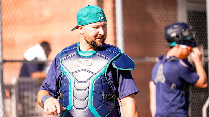 Feb 12, 2026; Phoenix, AZ, USA; Cal Raleigh at Seattle Mariners workouts in Peoria, Arizona. Mandatory Credit: Arianna Grainey-Imagn Images
