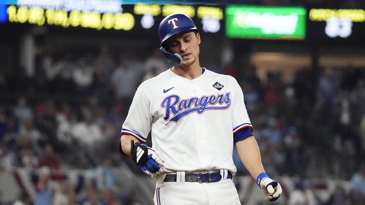 Texas Rangers shortstop Corey Seager (5) reacts after flying out during the ninth inning against the Arizona Diamondbacks in game two of the 2023 World Series at Globe Life Field on Oct. 28, 2023, in Arlington, Texas.
