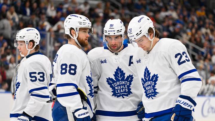 Mar 28, 2026; St. Louis, Missouri, USA; Toronto Maple Leafs right wing William Nylander (88) center John Tavares (91) and left wing Matthew Knies (23) talk before a face off against the St. Louis Blues during the third period at Enterprise Center. Mandatory Credit: Jeff Curry-Imagn Images Mar 28, 2026; St. Louis, Missouri, USA; Toronto Maple Leafs right wing William Nylander (88) center John Tavares (91) and left wing Matthew Knies (23) talk before a face off against the St. Louis Blues during the third period at Enterprise Center. Mandatory Credit: Jeff Curry-Imagn Images