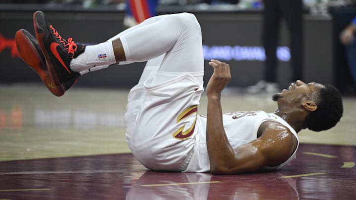 Oct 14, 2025; Cleveland, Ohio, USA; Cleveland Cavaliers forward De'Andre Hunter (12) reacts after falling to the court in the first quarter against the Detroit Pistons at Rocket Arena. Mandatory Credit: David Richard-Imagn Images Oct 14, 2025; Cleveland, Ohio, USA; Cleveland Cavaliers forward De'Andre Hunter (12) reacts after falling to the court in the first quarter against the Detroit Pistons at Rocket Arena. Mandatory Credit: David Richard-Imagn Images