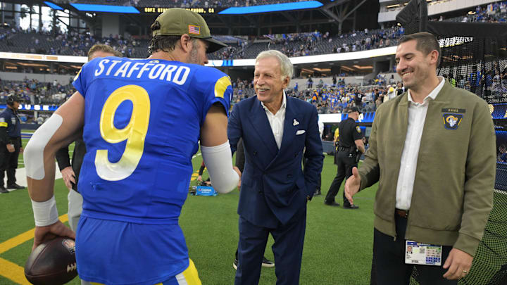 Nov 2, 2025; Inglewood, California, USA; Los Angeles Rams quarterback Matthew Stafford (9) shakes the hand of Los Angeles Rams owner Stan Kroenke following a game against the New Orleans Saints at SoFi Stadium. Mandatory Credit: Jayne Kamin-Oncea-Imagn Images