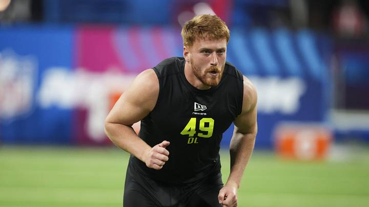 Iowa defensive lineman Max Llewellyn during the NFL Scouting Combine  at Lucas Oil Stadium.