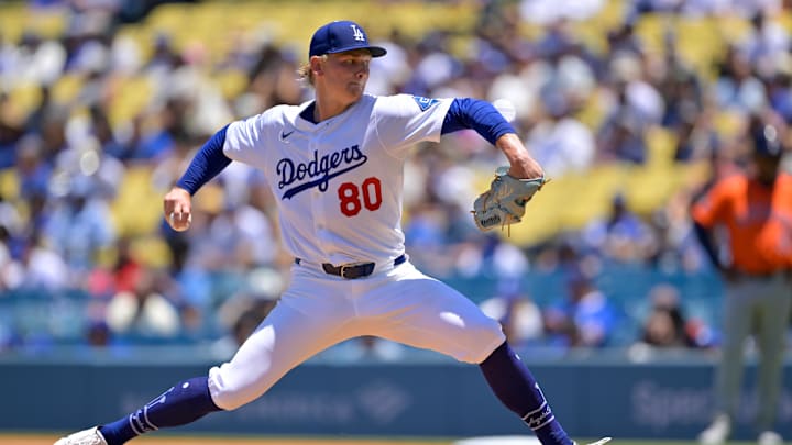 Jul 6, 2025; Los Angeles, California, USA; Los Angeles Dodgers starting pitcher Emmet Sheehan (80) throws a pitch against the Houston Astros during the first inning of the game at Dodger Stadium. Mandatory Credit: Jayne Kamin-Oncea-Imagn Images
