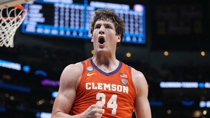 Mar 30, 2024; Los Angeles, CA, USA;  Clemson Tigers center PJ Hall (24) reacts in the second half against the Alabama Crimson Tide in the finals of the West Regional of the 2024 NCAA Tournament at Crypto.com Arena. Mandatory Credit: Kirby Lee-USA TODAY Sports