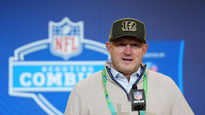 Feb 24, 2026; Indianapolis, IN, USA; Cincinnati Bengals general manager Duke Tobin speaks at the NFL Scouting Combine at the Indiana Convention Center. Mandatory Credit: Kirby Lee-Imagn Images