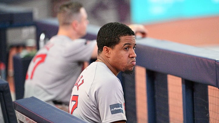 Sep 25, 2024; Toronto, Ontario, CAN;  Boston Red Sox second baseman Enmanuel Valdez (47) and left fielder Tyler O'Neill (17) sit on the bench after a defeat to the Toronto Blue Jays at Rogers Centre. Mandatory Credit: Dan Hamilton-Imagn Images