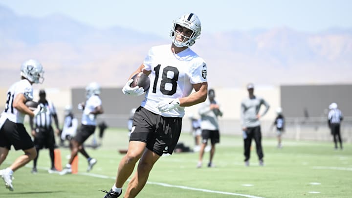 Jun 10, 2025; Henderson, NV, USA; Las Vegas Raiders wide receiver Jack Bech (18) runs a drill during Las Vegas Raiders Minicamp at Intermountain Health Performance Center. Mandatory Credit: Candice Ward-Imagn Images Jun 10, 2025; Henderson, NV, USA; Las Vegas Raiders wide receiver Jack Bech (18) runs a drill during Las Vegas Raiders Minicamp at Intermountain Health Performance Center. Mandatory Credit: Candice Ward-Imagn Images