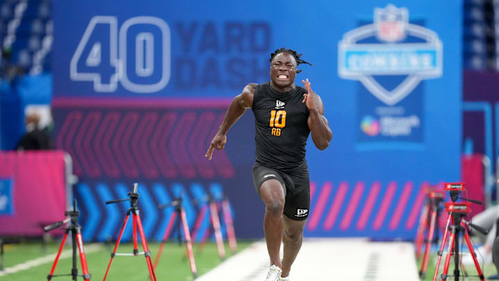 Feb 28, 2026; Indianapolis, IN, USA; Nebraska running back Emmett Johnson (RB10) during the NFL Scouting Combine at Lucas Oil Stadium. Mandatory Credit: Kirby Lee-Imagn Images