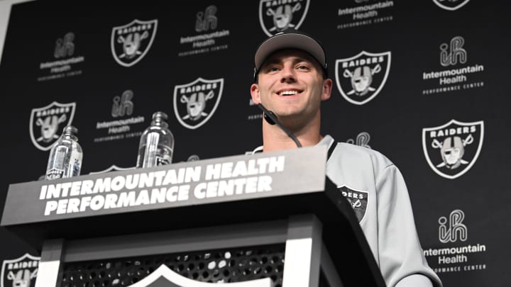 Apr 26, 2024; Henderson, NV, USA; Las Vegas Raiders tight end Brock Bowers speaks to the media at Intermountain Health Performance Center in Henderson, NV.  Mandatory Credit: Candice Ward-USA TODAY Sports