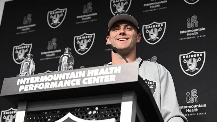 Apr 26, 2024; Henderson, NV, USA; Las Vegas Raiders tight end Brock Bowers speaks to the media at Intermountain Health Performance Center in Henderson, NV. Mandatory Credit: Candice Ward-USA TODAY Sports Apr 26, 2024; Henderson, NV, USA; Las Vegas Raiders tight end Brock Bowers speaks to the media at Intermountain Health Performance Center in Henderson, NV. Mandatory Credit: Candice Ward-USA TODAY Sports