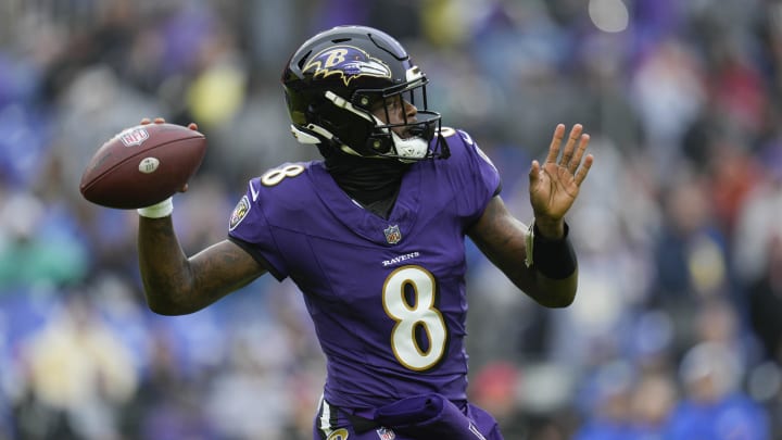 Dec 10, 2023; Baltimore, Maryland, USA; Baltimore Ravens quarterback Lamar Jackson (8) passes during the first quarter against the Los Angeles Rams at M&T Bank Stadium. Mandatory Credit: Jessica Rapfogel-USA TODAY Sports