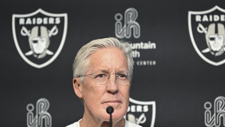 Apr 25, 2025; Henderson, NV, USA;  Las Vegas Raiders head coach Pete Carroll at a news conference introducing Ashton Jeanty as the first round draft pick in the 2025 NFL Draft at Intermountain Health Performance Center. Mandatory Credit: Candice Ward-Imagn Images