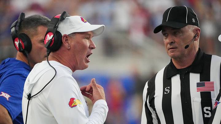 Sep 11, 2026; Lawrence, Kansas, USA; Kansas Jayhawks head coach Lance Leipold talks with an official against the Missouri Tigers during the first half of the game at David Booth Kansas Memorial Stadium. Mandatory Credit: Denny Medley-Imagn Images Sep 11, 2026; Lawrence, Kansas, USA; Kansas Jayhawks head coach Lance Leipold talks with an official against the Missouri Tigers during the first half of the game at David Booth Kansas Memorial Stadium. Mandatory Credit: Denny Medley-Imagn Images