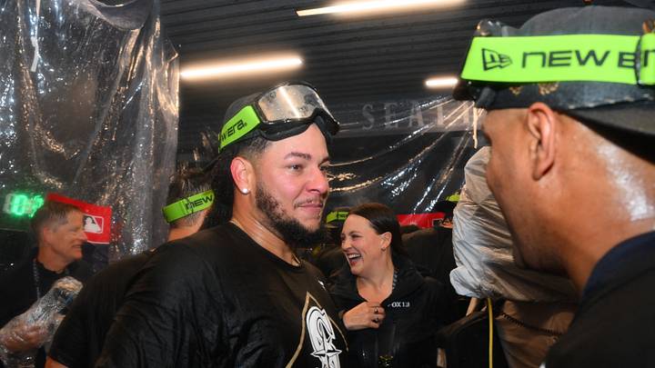 Oct 10, 2025; Seattle, Washington, USA; Seattle Mariners pitcher Luis Castillo (58) celebrates in the locker room after defeating the Detroit Tigers in game five of the ALDS round for the 2025 MLB playoffs at T-Mobile Park. Mandatory Credit: Steven Bisig-Imagn Images Oct 10, 2025; Seattle, Washington, USA; Seattle Mariners pitcher Luis Castillo (58) celebrates in the locker room after defeating the Detroit Tigers in game five of the ALDS round for the 2025 MLB playoffs at T-Mobile Park. Mandatory Credit: Steven Bisig-Imagn Images