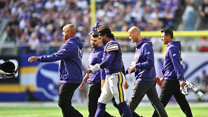  Minnesota Vikings quarterback Kyler Murray (1) walks off the field after a hard hit during the first half against the Green Bay Packers at U.S. Bank Stadium.  