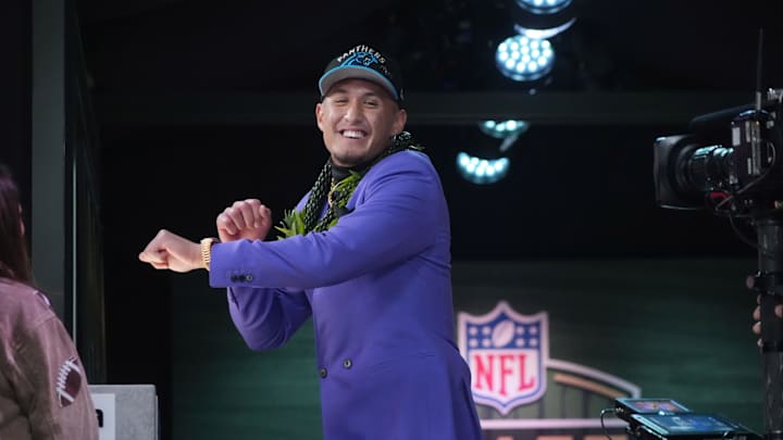 Apr 24, 2025; Green Bay, WI, USA; Arizona Wildcats wide receiver Tetairoa McMillan is selected by the Carolina Panthers as the number eight pick  in the first round of the 2025 NFL Draft at Lambeau Field. Mandatory Credit: Kirby Lee-Imagn Images